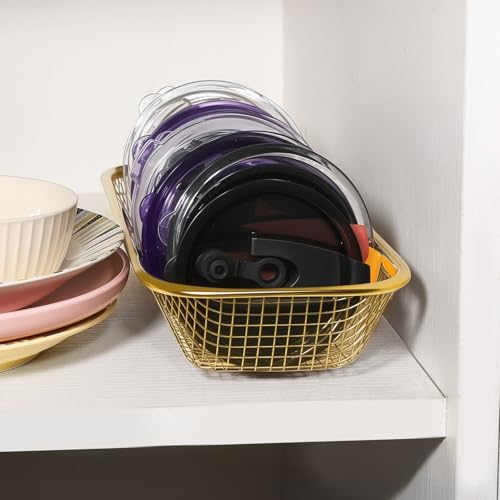 2Pack Stainless Steel Tumbler Cup Lid Organizer, Mason Jar Lid Holder, Gold | Rectangular, Stainless Steel Mesh, Cabinet Storage Basket, Silverware, Chopsticks, Straws, Utensils - style: GoldModern-2pack