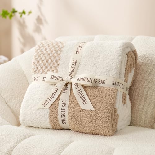 Snuggle Sac Checkered Blanket, Beige Throw Blanket for Couch Plaid Microfiber Fluffy Warm Cozy Fuzzy Soft Throw Blanket Reversible Checkered Blankets for Sofa, Chair, Bed, 50x60 inches - color: Checker Beige, size: Throw(50"x60")