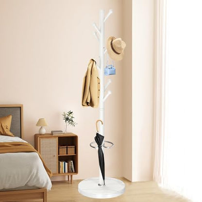 OIRUMIE Coat Rack,Metal Coat Rack Frestanding,White Coat Stand for Entryway | Coat Rack Stand with Marble Base & Umbrella Holder,Modern Coat Hanger Stand,Coat Clothes Tree Stand for Hallway - color: White-8 Hooks