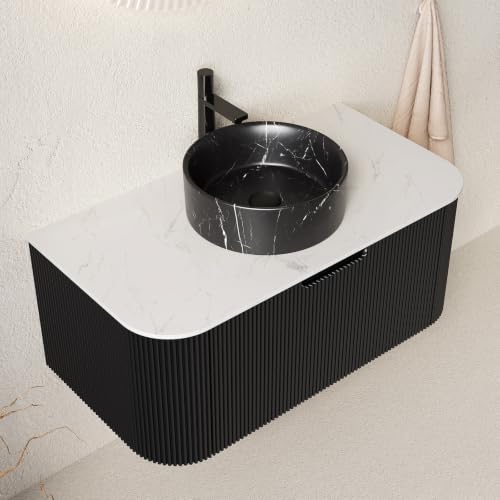 36" Floating Bathroom Vanity with Sink, Wall Mounted Plywood Cabinet, Black Fluted Front, Sintered Stone Countertop, Black Marble-Look Round Ceramic Vessel Sink, Soft-Close Drawer, Pre-Assembled - color: Black Cabinet / Black Marble Sink, size: 36 Inch
