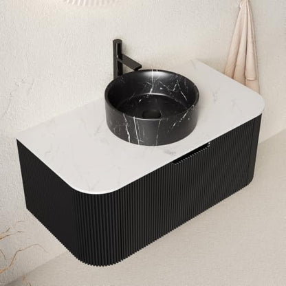 36" Floating Bathroom Vanity with Sink, Wall Mounted Plywood Cabinet, Black Fluted Front, Sintered Stone Countertop, Black Marble-Look Round Ceramic Vessel Sink, Soft-Close Drawer, Pre-Assembled - color: Black Cabinet / Black Marble Sink, size: 36 Inch