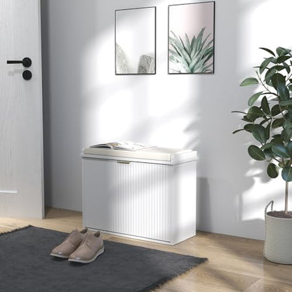 HOMCOM Narrow Shoe Bench with Padded Cushion 24.4x10.2x18.7 Inches White | Shoe Storage Cabinet, Flip-Drawer, Adjustable Shelf, Small Entryway Bench, Holds up to 265lb - color: White, size: 24.4" x 10.2" x 18.7"