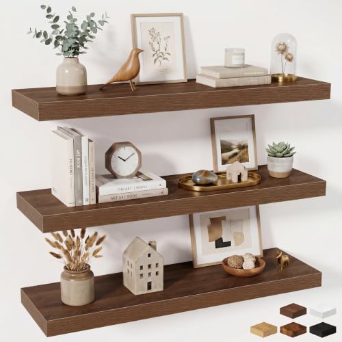 Fun Memories Floating Shelves for Wall 36 Inches, Wood Shelves with Invisible Bracket, 10" Deep Shelves Wall Mounted, Large Wood Floating Shelves for Living Room Bathroom, Walnut, Set of 3 - color: Walnut, size: 36W x 10D x 1.5H