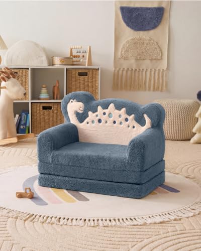 Blissful Diary Kids Couch, 2-in-1 Soft Fold Out Kids Couch, Kids Sofa Chair, Comfy Kids Furniture for Playroom, Reading & Play, Blue Dinosaur - color: Dinosaur Blue