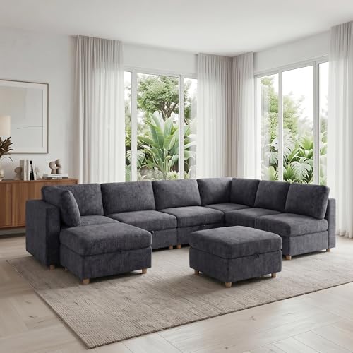 KEIKI Modular Sectional Sleeper Sofa with Hidden Storage, 8 Seat Convertible Fabric Couch with Flexible Layout and Washable Covers, Large U Shaped Sofa for Home Theater, Gathering or Game Room - size: 8-Seater