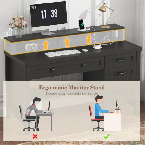 47" Farmhouse Computer Desk with Drawers & Outlets for Home Office, Bedroom | Executive Desk with Power Outlets, Home Office Desk with Monitor Stand & Drawers, Small Desk Writing Study Table, Black - color: Black