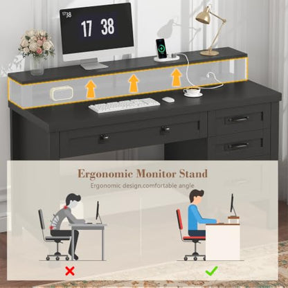 47" Farmhouse Computer Desk with Drawers & Outlets for Home Office, Bedroom | Executive Desk with Power Outlets, Home Office Desk with Monitor Stand & Drawers, Small Desk Writing Study Table, Black - color: Black
