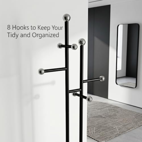 Entryway Coat Rack Freestanding, Black Metal Marble Base | 1.0mm thickened black metal tree with 8 stainless steel hooks. Anti-toppling heavy marble base for modern entryway. - color: black and white