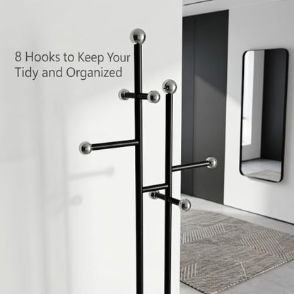 Entryway Coat Rack Freestanding, Black Metal Marble Base | 1.0mm thickened black metal tree with 8 stainless steel hooks. Anti-toppling heavy marble base for modern entryway. - color: black and white