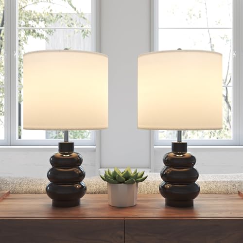 17.5" Black Ceramic Gourd Table Lamps Set of 2, Touch Control Farmhouse Lamps for Nightstand Living Room, Small Rustic Bedside Lamp for Bedroom Desk End Table Office with Linen Shades