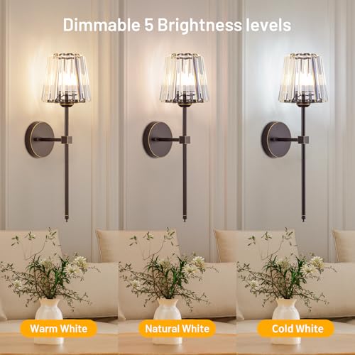 Crystal Battery Operated Wall Sconces Set of 2, Brown and Gold Rechargeable Wireless Wall Lights with Crystal Lampshade, 12 RGB and 3CCT Dimmable Wall Lamps with Remote for Bedroom Living Room Hallway - color: Brown and Gold