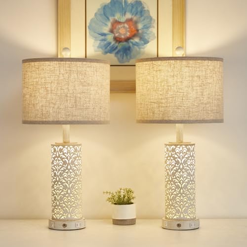 SAIWEYA 26" Farmhouse Table Lamp for Living Room Bedroom, Dimmable Touch | 3 Way Dimmable, 2 USB Ports + AC Outlet Bedside Lamp for Nightstand, LED Bulb Included, Fabric Shade, Flower Metal Body - color: Black-26in