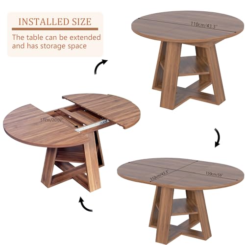 43.3"-59" Extendable Round Oval Dining Table for 4-8 with Storage Shelf | Modern Kitchen Oval Dining Table with Removable Leaves,Space Saving Extendable Table Wood Base for Kitchen Living Room Walnut - color: Walnut
