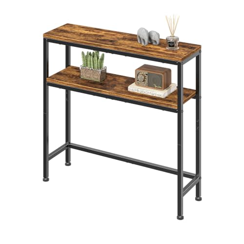 Simple Trending Console Table, 2-Tier Narrow Sofa Table, Rustic Brown | Entryway Table with Storage Shelf, Metal Frame, Adjustable Feet Pads, for Entryway, Living Room, 8 x 31.75 x 31.25Inches - size: 2-Tiers Sofa Table