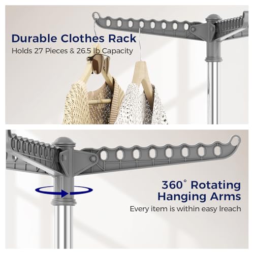 KINGBOARD Clothes Drying Rack, 59" H Laundry Drying Rack, 3 Rotatable Arms | 360° Rotatable Arms, 27 Hanger Holes, Stainless Steel, Tool-Free Setup, Portable for Travel & Small Home, Indoor, 27lbs Hold - size: 1 Tier