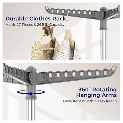 KINGBOARD Clothes Drying Rack, 59" H Laundry Drying Rack, 3 Rotatable Arms | 360° Rotatable Arms, 27 Hanger Holes, Stainless Steel, Tool-Free Setup, Portable for Travel & Small Home, Indoor, 27lbs Hold - size: 1 Tier