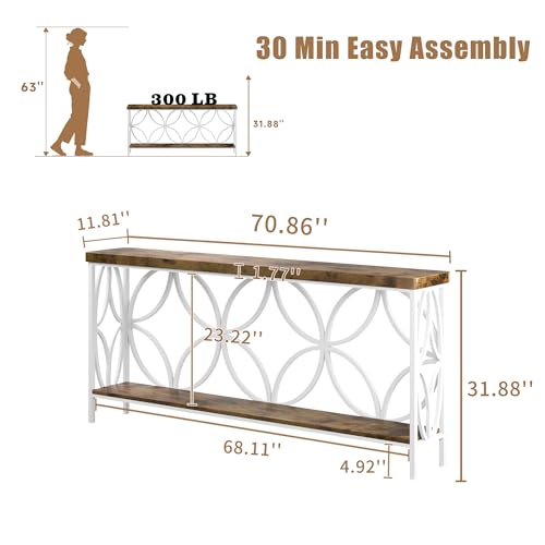 70.9 inch Extra Long Sofa Table, Industrial Console Table Behind Couch | With 2 Tier Storage Shelf, Entryway Table for Entryway, Living Room, Foyer, Hallway, Unique Design, White - color: White