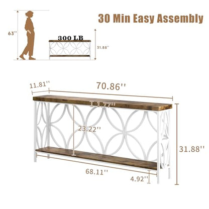 70.9 inch Extra Long Sofa Table, Industrial Console Table Behind Couch | With 2 Tier Storage Shelf, Entryway Table for Entryway, Living Room, Foyer, Hallway, Unique Design, White - color: White