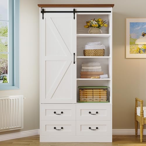 IRONCK Armoire Wardrobe Closet with 4 Drawers, Sliding Barn Doors, White | 71" Wardrobe Cabinet, Tall Clothing Storage Cabinet with Hanging Rod and Shelves for Bedroom - color: White