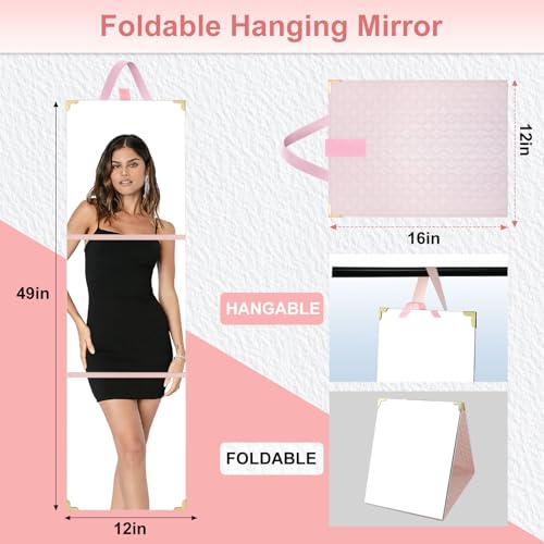 49 x 12 Inches Foldable Portable Full Length Mirror for Travel, Shatterproof Trifold Hanging Folding Mirror for Camping, Dance Bag with Garment Rack, Makeup Full Body Over the Door, Large, RV, Pink