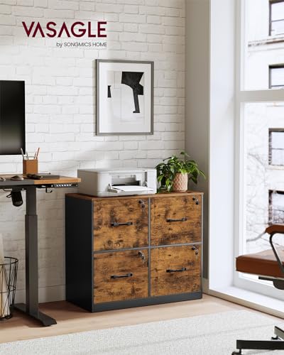 VASAGLE 4-Drawer Lateral File Cabinet, Compact, Locking, Printer Stand | Home Office, A4, Letter-Size Hanging File Folders, Rustic Brown and Ink Black, CUSTOS Collection UOFC062B01 - color: Rustic Brown + Ink Black, size: 4 Drawers with Lock