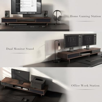 Dual Monitor Stand Riser with Storage Drawer for Desk Organization | Fits Dual 32" Monitors, Walnut Finish, Hidden Storage, Ergonomic Height, Holds 110lbs, No Flex, Quick Setup