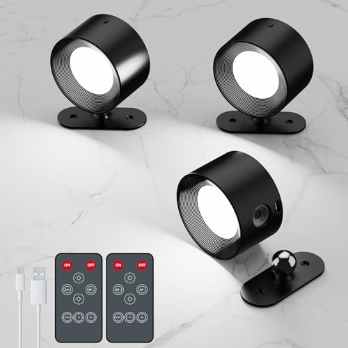 AKSDA 3Pack Battery Operated Wall Sconce, 3 Color Modes 3 Brightness Levels 360°Rotation Lighting Timer Touch & Remote Control, Wall Mounted Lamp LED Wall Lights for Bedroom Reading Bedside (Black) - color: Black-3PC