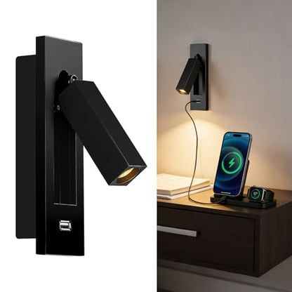 Wall Mounted Reading Light with USB, LED Bedside Reading Light with Switch, Adjustable Recessed Headboard Reading Lights Wall Sconce for Reading, Hardwired Reading Spotlight for Bedroom (Black) - color: Wall light-Black
