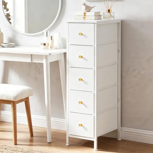 Fixwal Narrow Storage Cabinet, Slim Dresser with 5 Fabric Drawers, White | 9.5in width, sturdy & stable structure, solid steel frame, wooden top, suitable for bedroom, bathroom & laundry room - color: White, size: 16.5"D x 9.5"W x 36.6"H (5 Drawers)