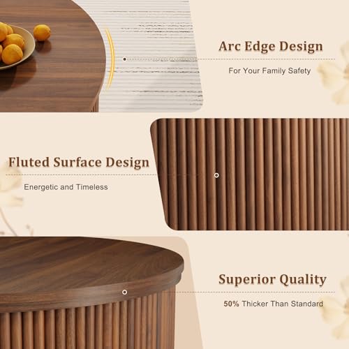 LYNCOHOME 31.5'' Fluted Flip Top Round Coffee Table with Storage, Circle Coffee Table, Modern Coffee Table for Living Room, Center Table for Living Room, Home Office, Dark Brown, Walnut