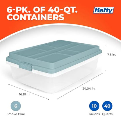 Hefty 40 Quart Hi-Rise Storage Bin with Lid, Stackable Plastic Container Tote for Home, Office, and Classroom Organization, 6 Pack, Smoke Blue - size: 40 Qt - 6 Pack