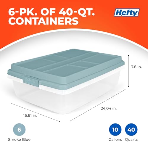 Hefty 40 Quart Hi-Rise Storage Bin with Lid, Stackable Plastic Container Tote for Home, Office, and Classroom Organization, 6 Pack, Smoke Blue - size: 40 Qt - 6 Pack