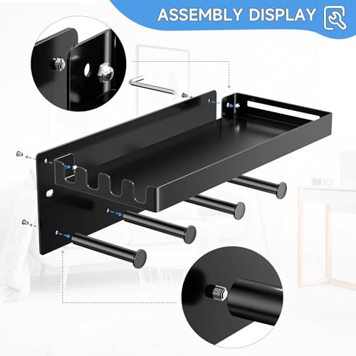 Pool Towel Racks with Shelf Wall Mounted, Pool Towel Holder Outdoor with 4 Hooks, Metal Towel Hanger Pool Accessories Organizer for Robe, Towel, Coat, Swimsuit, Bag, Keys