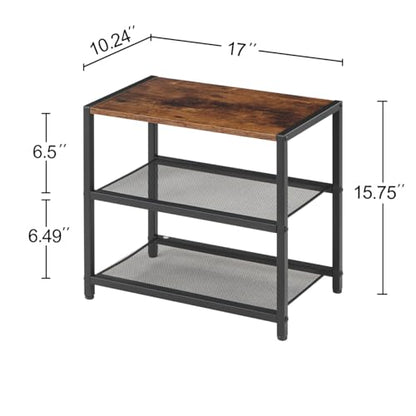 Small Narrow Shoe Rack for Entryway, 3-Tier Metal Wood Shoe Shelf | Shoe Storage Organizer, Holds 6 Pairs, Wooden Table Top, Mesh Shelves, for Front Door Entrance Closet Floor Hallway Bedroom - size: 17"D x 10.24"W x 15.75"H