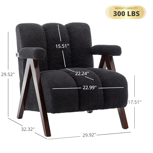 Mid Century Modern Accent Chair with Solid Wood Frame, Boucle Upholstered Living Room Chairs with Thick Cushion, Comfy Tufted Arm Chair for Bedroom, Black - color: Black, size: 1-seater