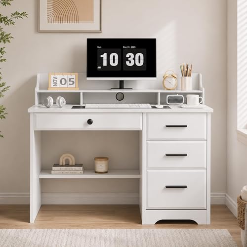 White Desk with Drawers, Small Desk with File Drawer and Monitor Stand | 44 Inch Computer Desk with Shelves for Writing Study, Office Desk with Storage for Bedroom, Small Spaces - color: White