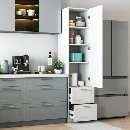 roomfitters Kitchen Pantry Storage Cabinet with 2 Drawers Tall Wooden Narrow Food Cupboard Bathroom Linen Tower, White