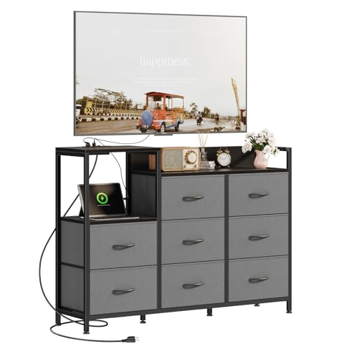 DUMOS LED Entertainment Center with Charging Station, TV Stand Dresser | Media Console for Living Room with 8 Fabric Storage Drawers, Open Shelves, Wooden Top, Hallway, Gray - color: Grey, size: 47.25"W x 11.81"D x 33.86"H (8 Drawers)
