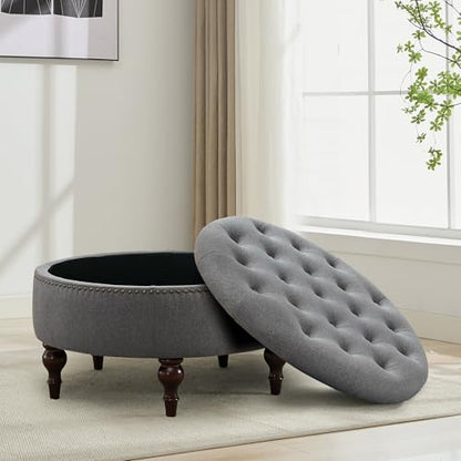 Round Storage Ottoman, Tufted Fabric Coffee Table Footrest, Grey | Upholstered Linen Ottoman Coffee Table, Large Footrest With Solid Wooden Legs, Side Table for Living Room Bedroom Office - color: Dark Grey