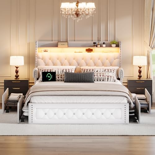 Ailisite Queen Size Bed Frame with 4 Storage Drawers,Velvet Upholstered Queen Platform Bed with Charging Station and Storage Headboard, Led Queen Bed Frame, Crystal Deco, No Box Spring Needed,White - color: White, size: Queen