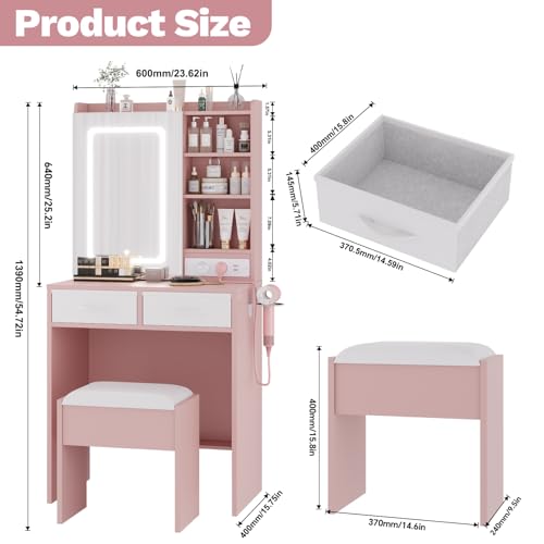 Pink Makeup Vanity Desk with Mirror and Lights, Vanity Table Set with Charging Station, Dressing Table with Stool, 2 Drawers, Open Shelves, Power Outlets & USB Ports, Vanity Desk with RGB Cabinets - color: Pink