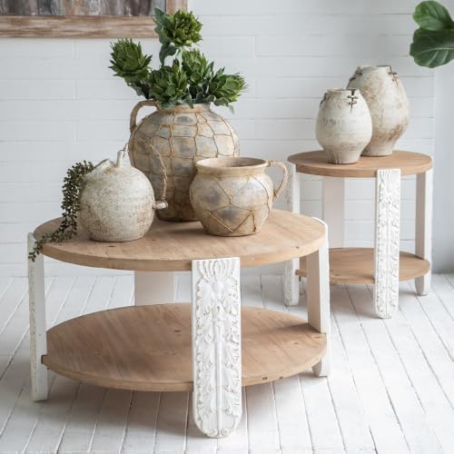 20" Round Side Table with Carved Leg, 2 Tier Storage Shelf | Farmhouse Solid Wood End Table for Living Room, Circle Coffee Table with Open Storage, Easy Assembly, Natural Brown Finish - color: A-20" Brown+white
