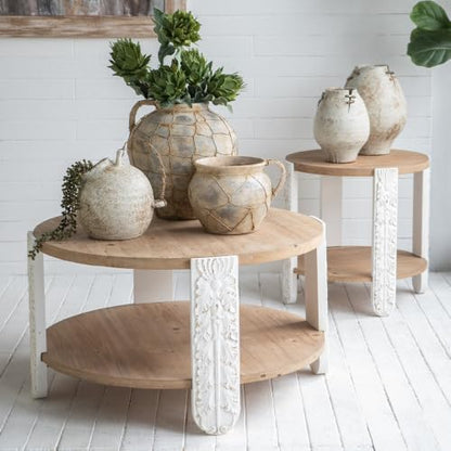 20" Round Side Table with Carved Leg, 2 Tier Storage Shelf | Farmhouse Solid Wood End Table for Living Room, Circle Coffee Table with Open Storage, Easy Assembly, Natural Brown Finish - color: A-20" Brown+white