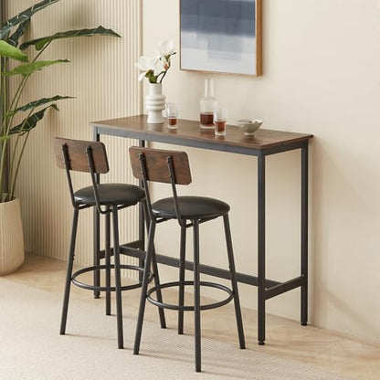 43.31" Bar Table Set for 2, Counter Height Dining Table with PU Upholstered Bar Stools and Backrests, Space-Saving Small Kitchen Table for Breakfast Nook, High Top Table and Chairs Set - color: Rustic Brown, style: Rectangular w/ Upholstered Stool