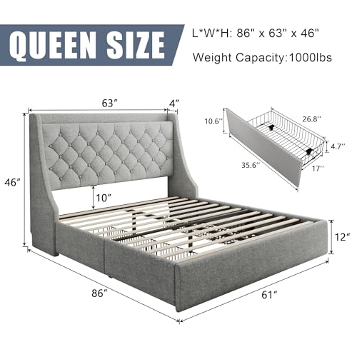 Queen Size Bed Frame with 4 Storage Drawers & Charging Station Headboard, Linen Upholstered Platform Bedframe, Button Tufted Wingback, Sturdy Wooden Slats, No Box Spring Needed, Light Grey - color: Light Gray, size: Queen