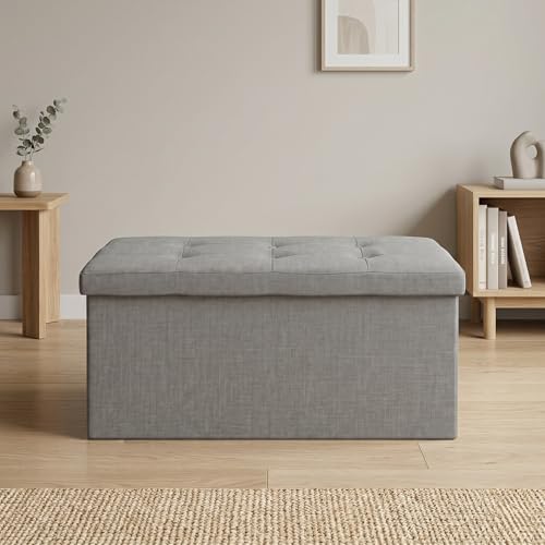 HOME DESIGN Florence 30" Upholstered Folding Storage Ottoman Bench, Tufted Top, Space-Saving Storage, Gray Linen Fabric - color: Gray Linen
