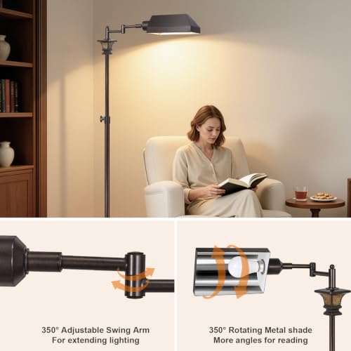 Scenekoy Adjustable Height Smart LED Floor Lamp for Living Room Bedroom | Standing Lamp with Swivel Metal Shade, Remote Control, Traditional 350º Swing Arm, Decor for Reading House Home Office - style: Metal Shade