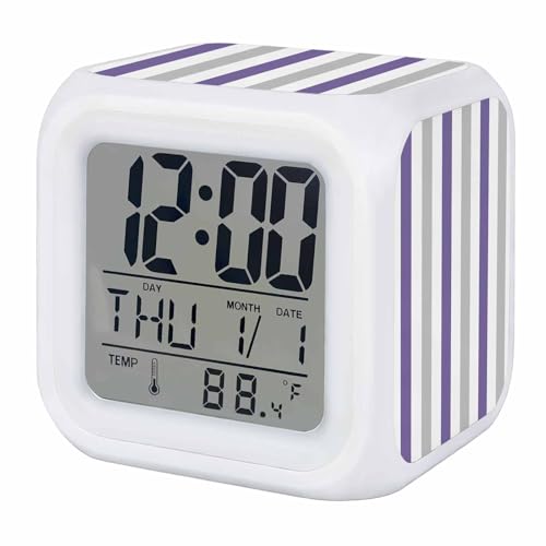 Digital Alarm Clocks for Bedroom,Modern Minimalist Purple Gray Stripe Cube Alarm Clock with Snooze and Nightlight Geometric Line Art Silent Office Desk Clock Time/Date/Temperature Display - color: Purple