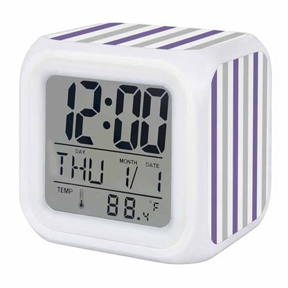Digital Alarm Clocks for Bedroom,Modern Minimalist Purple Gray Stripe Cube Alarm Clock with Snooze and Nightlight Geometric Line Art Silent Office Desk Clock Time/Date/Temperature Display - color: Purple