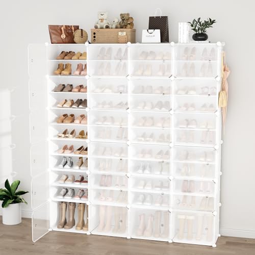 Portable Shoe Rack Organizer with Door, 96 Pairs Shoe Storage Cabinet Easy Assembly, Plastic Adjustable Shoe Storage Organizer Stackable Detachable Free Standing DIY Expandable 12 Tier White - color: White, size: 64" Wide-96 Pairs